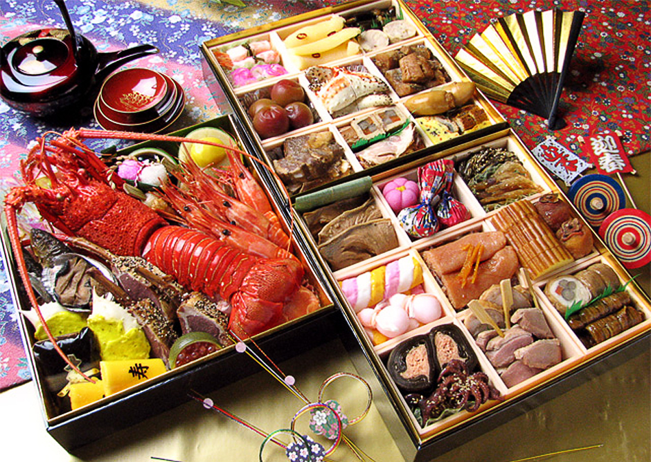 Osechi, plato típico japonés que se toma en Año Nuevo. Está compuesto por diferentes platos.